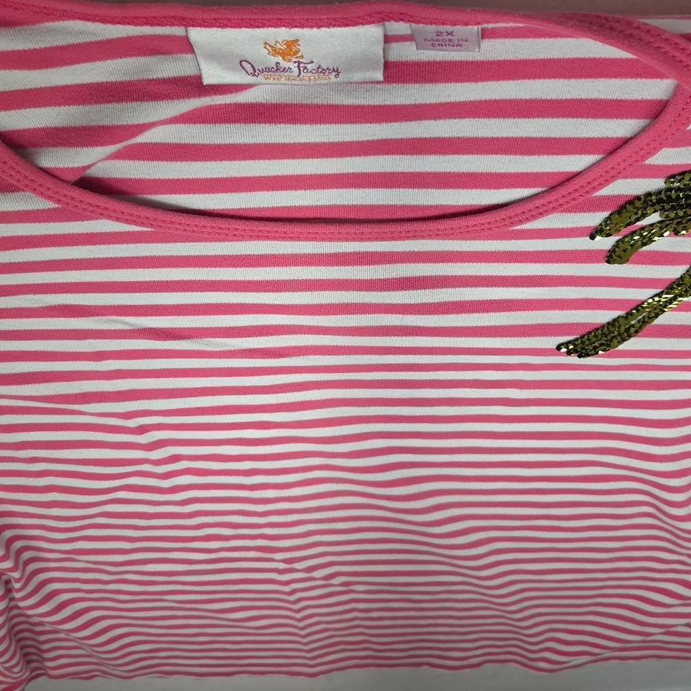 Women's Quacker Factory Long Sleeve Tee 2X Pink White Striped Palm Tree - Picture 3 of 7